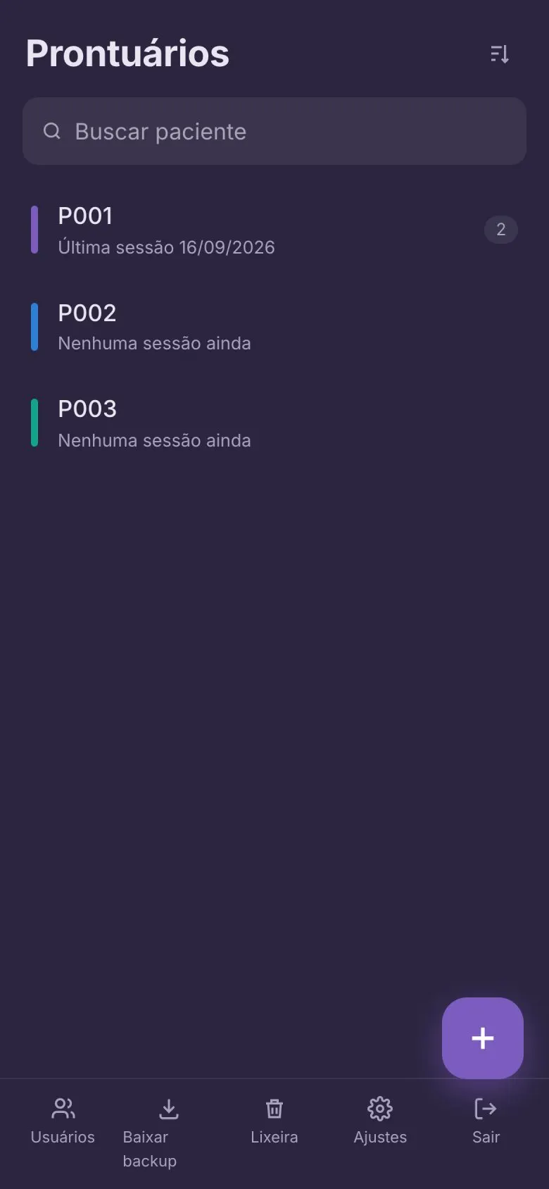 Lista de pacientes mostrando só os códigos P001, P002 e P003