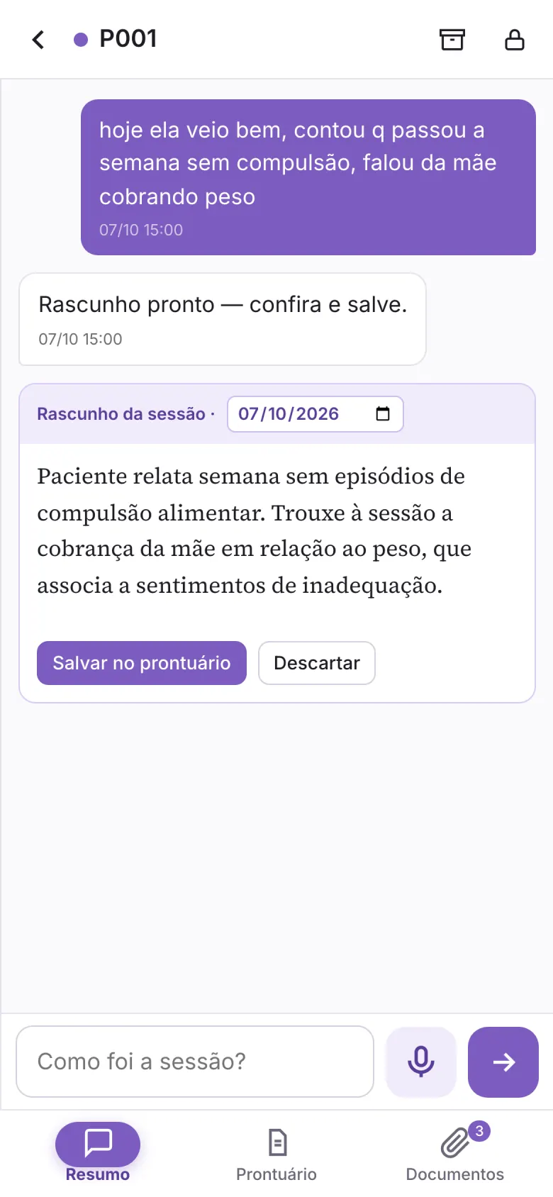 Ditado da sessão e o rascunho proposto pela IA